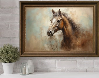 馬の壁アート油絵、馬の動物の壁プリント、印刷可能なヴィンテージの馬の壁アート、素朴な農家、動物の肖像画、印刷可能な馬