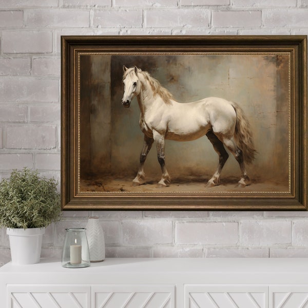 White Horse Wall Art Print, Horse Animal Oil Painting, Printable Vintage Wall Art, Rustic Farmhouse Decor, Animal Portrait, Printable Horse