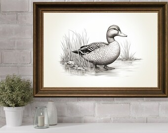 Impresión de dibujo de pato imprimible, pintura a lápiz de boceto de pato, arte de boceto de lápiz de animales, decoración del hogar de pájaros animales vintage, arte de pared de vivero neutral