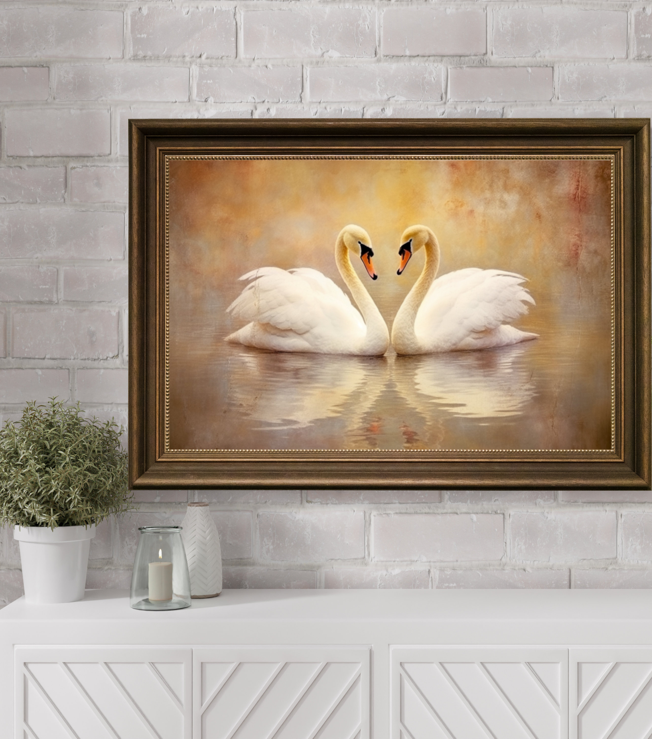 Couple Swans Love Painting, Love of Swans in Still Water, Swan