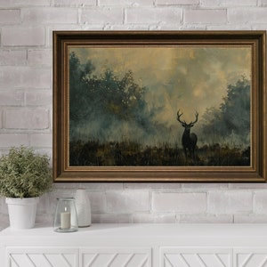 Antique Painting,Cabin Decor,Deer Painting,Deer Print,Den Wall Decor,Digital Art Print,Landscape Art Print,Lodge Decor,Man Cave Decor,Mountain Landscape,Printable Wall Art,Vintage Painting,Vintage Print