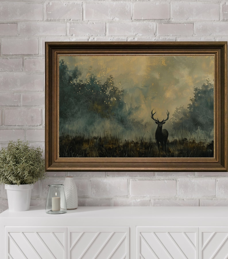 Antique Painting,Cabin Decor,Deer Painting,Deer Print,Den Wall Decor,Digital Art Print,Landscape Art Print,Lodge Decor,Man Cave Decor,Mountain Landscape,Printable Wall Art,Vintage Painting,Vintage Print