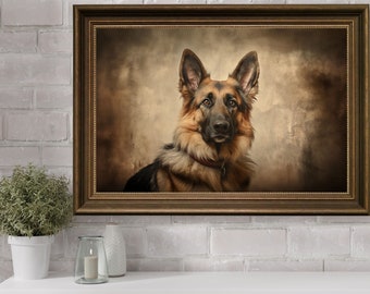ヴィンテージのジャーマンシェパードの油絵：農家の犬アート（デジタル