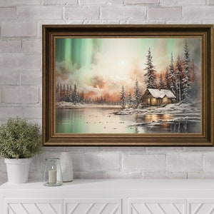 Winter Pine Forest Christmas Painting, Christmas Tree Print, Winter Landscape, Pine Tree Art, Christmas Wall Art, Northern Lights Aurora Art