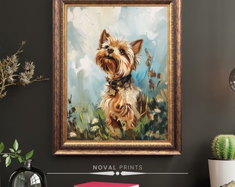 Peut inclure: Une peinture d'un Yorkshire Terrier dans un champ de fleurs. Le chien regarde vers le haut et porte un collier marron avec une étiquette. L'arrière-plan est un ciel bleu avec des nuages blancs.
