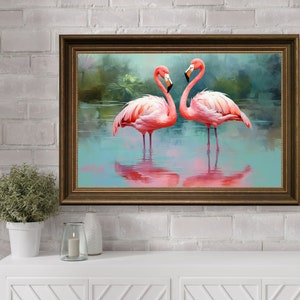Couple Of Flamingo Wall Art Painting, Vintage Flamingo Love Art, Audubon Digital Prints, Pink Flamingo Prints, Florida Wildlife Bird Decor