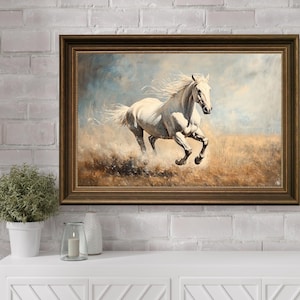 Art mural cheval qui court, impression cheval vintage, décoration de ferme, art mural imprimable, art mural cottage, peinture cheval blanc, décoration de maison de ferme