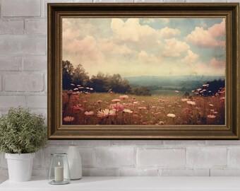 Landschap lente weide schilderij, rustieke weide olieverfschilderij, vintage land landschap bloemen, antieke Cottage print, land veld kunst