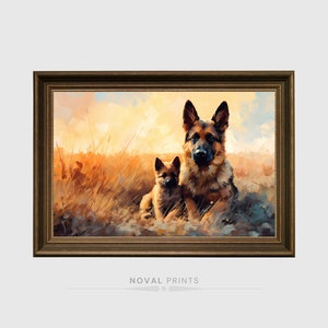 Pastor alemán pintura al óleo K9 perro policía arte de la pared imprimible vintage mamá y cachorro pastor perro retrato, decoración del hogar de la mascota, retrato de animal