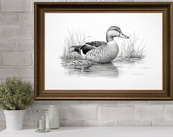 Dibujo a lápiz de pato dibujo decoración del hogar, pintura de pato vintage antigua, arte de línea de granja, decoración de la pared de la granja, arte de la pared del campo