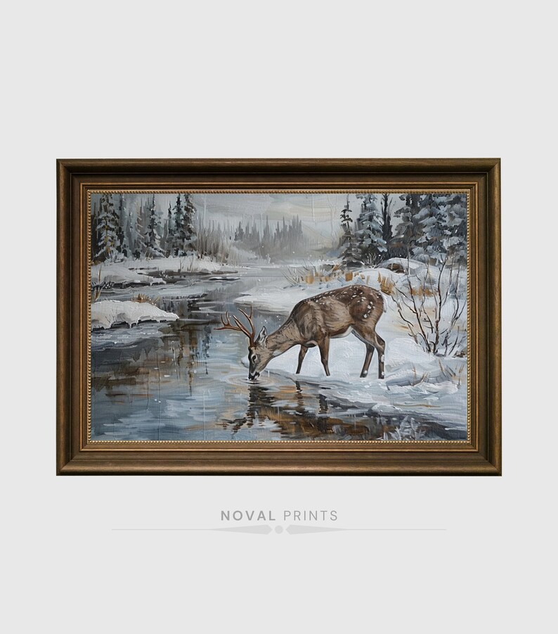 Deer Landscape Painting, Winter Snow Art Print, Cabin Decor Printable ...