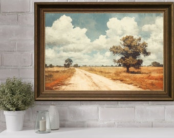 Vintage Country Road Oil Painting, Country Artwork Wall Art, Vintage Painting Wall Art, Vintage Farmhouse Decor, Landscape Oil Painting Art