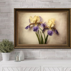Vintage Lavender Iris Flowers Digital Print, Vintage Flower Illustration, Printable Irises Botanical Wall Art, Mauve Iris Oil Painting Decor