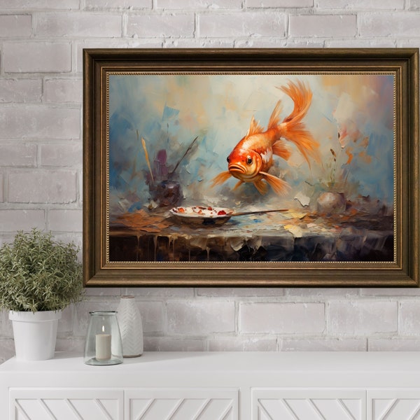 Goldfish Oil Painting, Goldfish Printable Wall Art, Vintage Fish Poster, Fish Wall Art, Watercolored Goldfish Vintage Art, Goldfish Painting