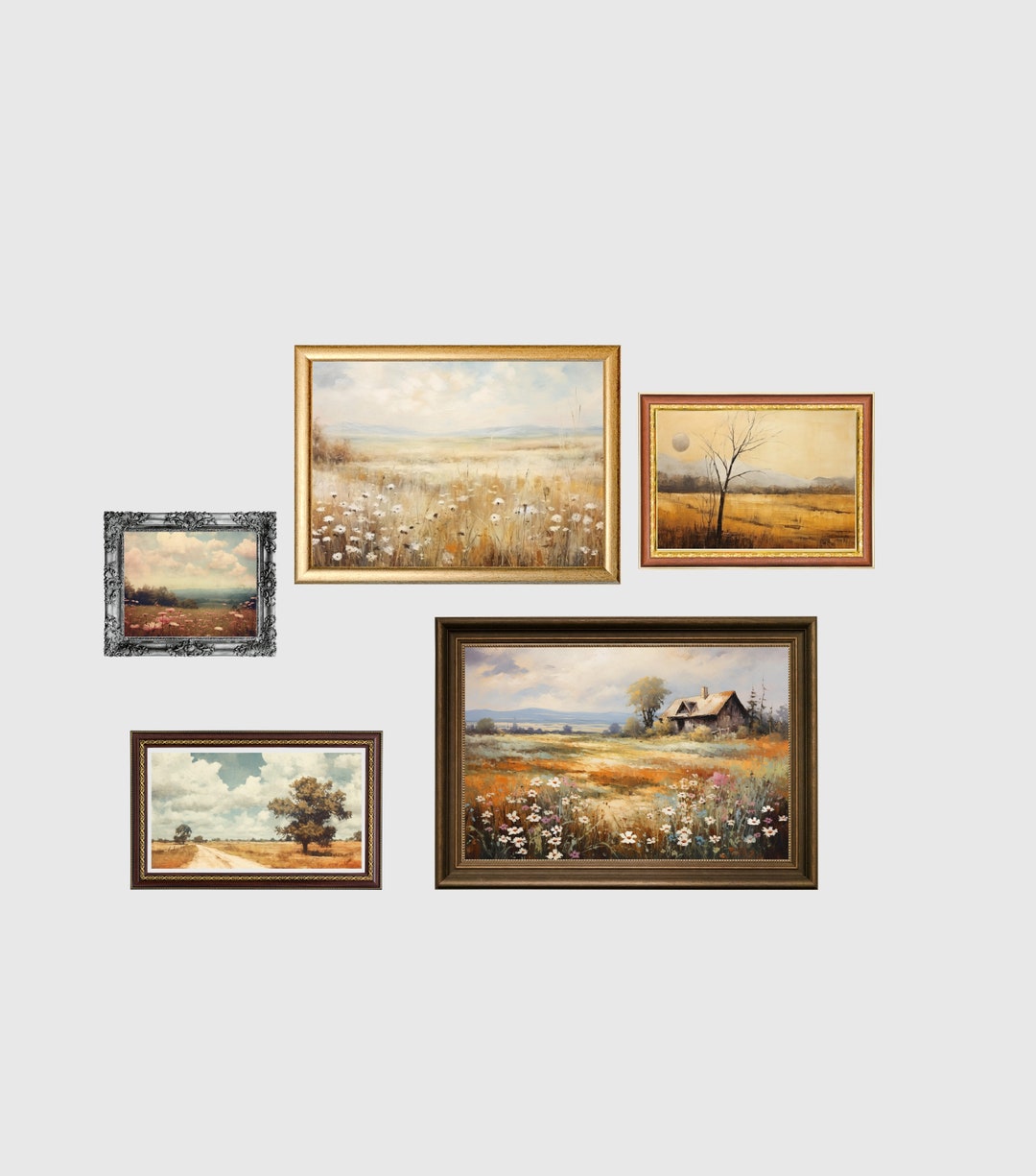 Vintage Neutral Gallery Wall Prints, Country Muted Art Set of 5 Digital ...