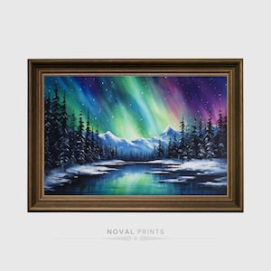 Northern Lights Printable Aurora Painting Wall Art, Aurora Borealis Northern Digital Print, Northern Lights Forest Portrait, Nature Wall Art