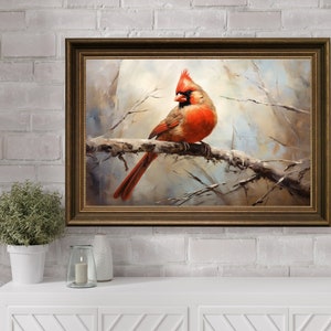 Northern Cardinal Painting, Red Cardinal Oil Painting Bird, Original Wall Art, Northern Cardinal Digital Print,Home Office Nature Wall Decor