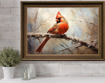 Northern Cardinal Painting, Red Cardinal Oil Painting Bird, Original Wall Art, Northern Cardinal Digital Print,Home Office Nature Wall Decor