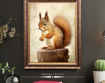 May include: A framed print of a red squirrel sitting on a tree stump. The squirrel is looking to the left and has its tail curled around its body. The background is a light beige with a wood grain texture.