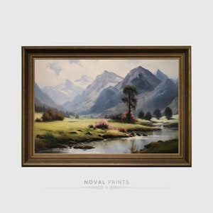 Vintage River Landscape Oil Painting Mountain Wall Art Print Cabin Decor Landscape Mountain Painting Rustic Landscape