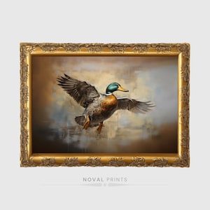 Flying Mallard Duck Oil Painting Art Decor Printable, Antique Mallard Duck Wall Art, Printable Duck Farmhouse Wall Decor, Vintage Art Print