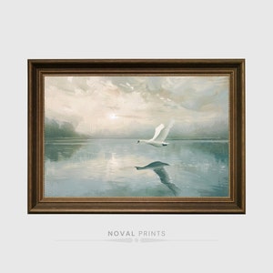 Kids Nursery Swan Digital Wall Art, Flying Swan On Lake Exhibition Poster, Elegant Swan French Wall Decor For Chic Bedrooms And Offices