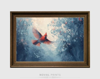 Flying Northern Red Cardinal Nature Paint, Red Cardinal Oil Paint Bird, Original Wall Art, Red Cardinal Male Watercolor Print, Bird Painting
