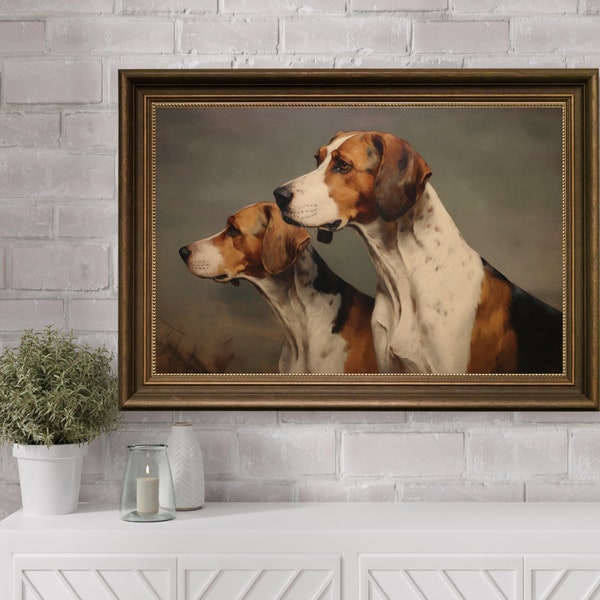 Vintage Two Foxhounds Dog Wall Art, Moody Animal Art, Dog Artwork, Vintage Dog, Vintage Hunting Dog Art, Foxhound Painting, Hound Artwork