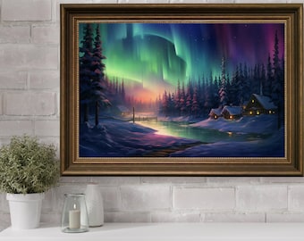 Norrsken, Auroramålning Väggkonst, Aurora Borealis Norrt Tryck, Norrsken Skog Väggkonst, Natur Väggkonst, Natt Väggkonst