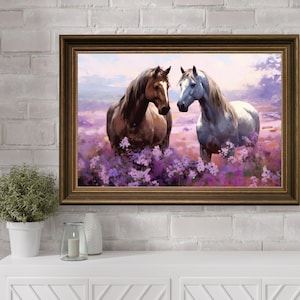 Vintage Horse Canvas Print White And Brown Horses On Landscape And Flowers Oil Painted Wall Art, Horse Couple Wall Decor, Horse Print, Horse