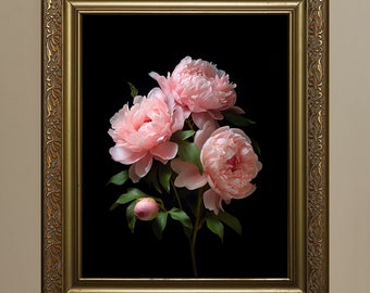 Stimmungsvolle rosa Pfingstrosen Malerei, Vintage Pfingstrose Kunstdruck, Blumendruck, dunkle Blumendruck, Bauernhausdekor, druckbare Wandkunst, digitaler Download