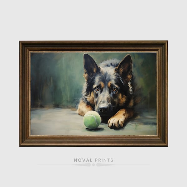 Vintage German Shepherd Dog With Tennis Ball Wall Art Painting, Shepherd Dog Wall Art K9 Police Dog Home Decor, Animal Shepherd Dog Print