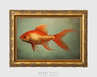 Goldfish Oil Painting Art, Goldfish Print Wall Art, Vintage Fishing Poster, Wall Art Fish Decor, Watercolor Goldfish Art, Goldfish Painting