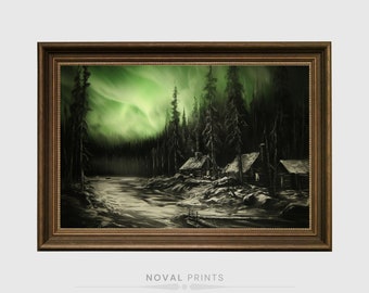 Peinture murale d'aurores boréales vintage, aurores boréales, aurores boréales, art mural forêt, art mural nature, art mural nuit