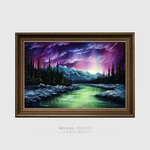 Northern Lights Digital Printable Aurora Borealis Painting Night Sky Wall Art, Northern Lights, Nature Christmas Tree Landscape Aurora Paint