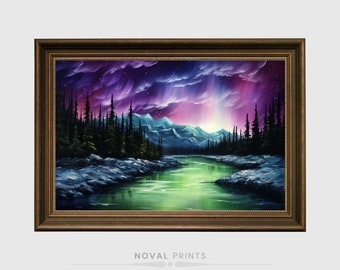 Northern Lights Digital Printable Aurora Borealis Painting Night Sky Wall Art, Northern Lights, Nature Christmas Tree Landscape Aurora Paint