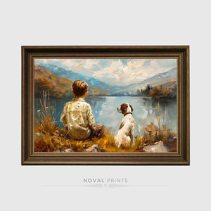 Rustic Landsape Boy And Dog Oil Painting Digital Print, Boys Nursery Vintage Antique Farmhouse Artful Decor, Printable Landscape Lake Art