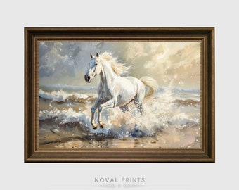 Vintage Horse Painting, Equestrian Print, Farmhouse Wall Art, Printable Art, Vintage Horse Art Print, White Horse Farm Animal Print
