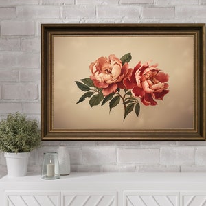 Printable Vintage Peony, Digital Flower Print, Antique Flower Painting, Peony Botanical Painting, Nursery Wall Art, Moody Vintage Flower