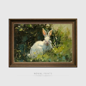 White Rabbit Landscape Rustic Fall Country Landscape Printable Vintage Painting Autumn Farmhouse Fine Art Print Digital Download, Rabbit Art
