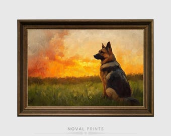 Pastore tedesco, arte del cane, arte murale del cane, arte del pastore tedesco su stampa paesaggistica, regalo per gli amanti dei cani, pittura artistica di razza canina
