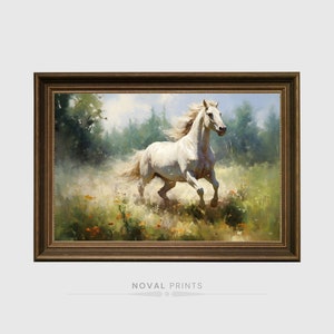 White Horse Running Landscape Oil Painting Wall Art Digital Portrait, Vintage Horse Print, Farmhouse Wall Art, Horse Lover Gift, Horse Art