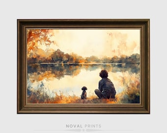 May include: A watercolor painting of a person and a dog sitting by a lake. The person is wearing a dark blue jacket and the dog is brown. The lake is surrounded by trees and the sky is a light orange color.