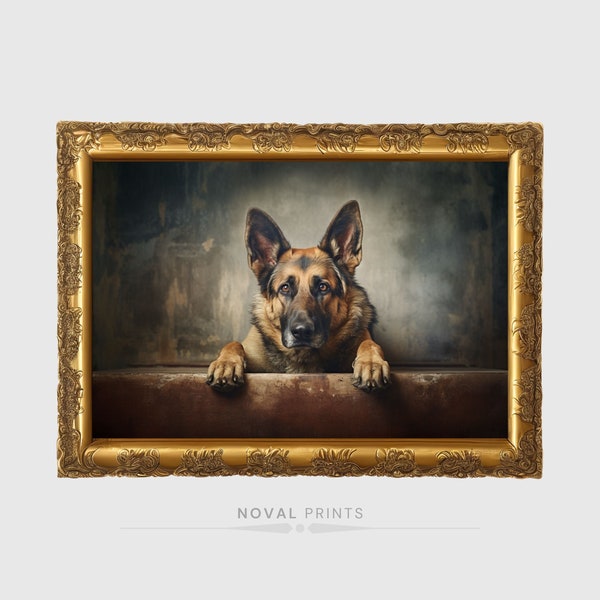 German Shepherd Dog Wall Art, Printable Vintage Dog Wall Art, Pet Home Decor, Animal Portrait, Dog Oil Painting Art, Digital Dog Painting