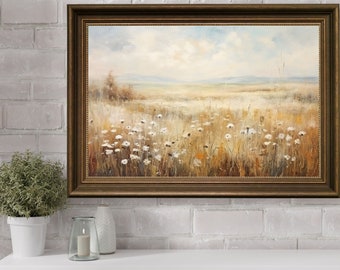 May include: A framed painting of a field of white wildflowers with a light blue sky and a distant horizon. The painting is in a brown frame with a gold trim.