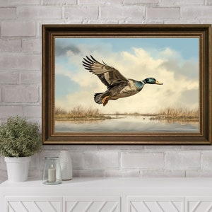 Flying Mallard Duck Oil Painting Art, Printable Antique Mallard Duck Wall Art, Vintage Duck Farmhouse Wall Decor, Digital Bird HomeArt Print