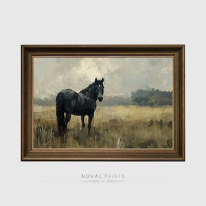 Peinture d&#39;art mural cheval noir, ferme vintage cheval rustique sombre de mauvaise humeur, peinture à l&#39;huile imprimable cheval, décoration d&#39;intérieur cheval noir