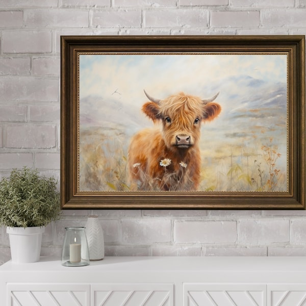 Highland Cow Oil Painting, Highland Baby Cow Wall Art, Scottish Cow, Baby Highland Cow, Country Landscape, Meadow Landscape, Farmhouse Decor