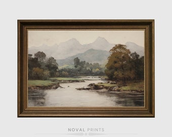 額装された川の風景の壁画：素朴な秋の絵画風の壁掛けアート - Etsy 日本