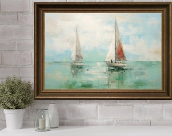 Sailboat Painting, Muted Sailboat Oil Paint, Antique Lake House Print, Vintage Lake Coastal Painting, Sailboat Seascape Ocean Landscape Art